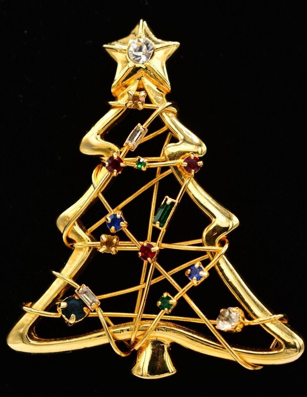 Vintage Christmas Tree Pin Brooch Rhinestone Crystal Wired Gold Holiday BinAP